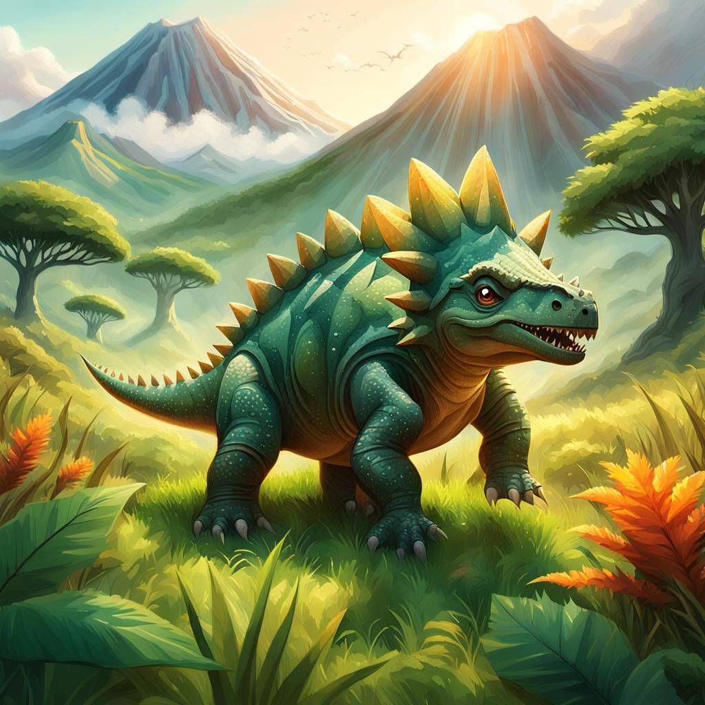Baby Stegosaurus in Lush Prehistoric Meadow