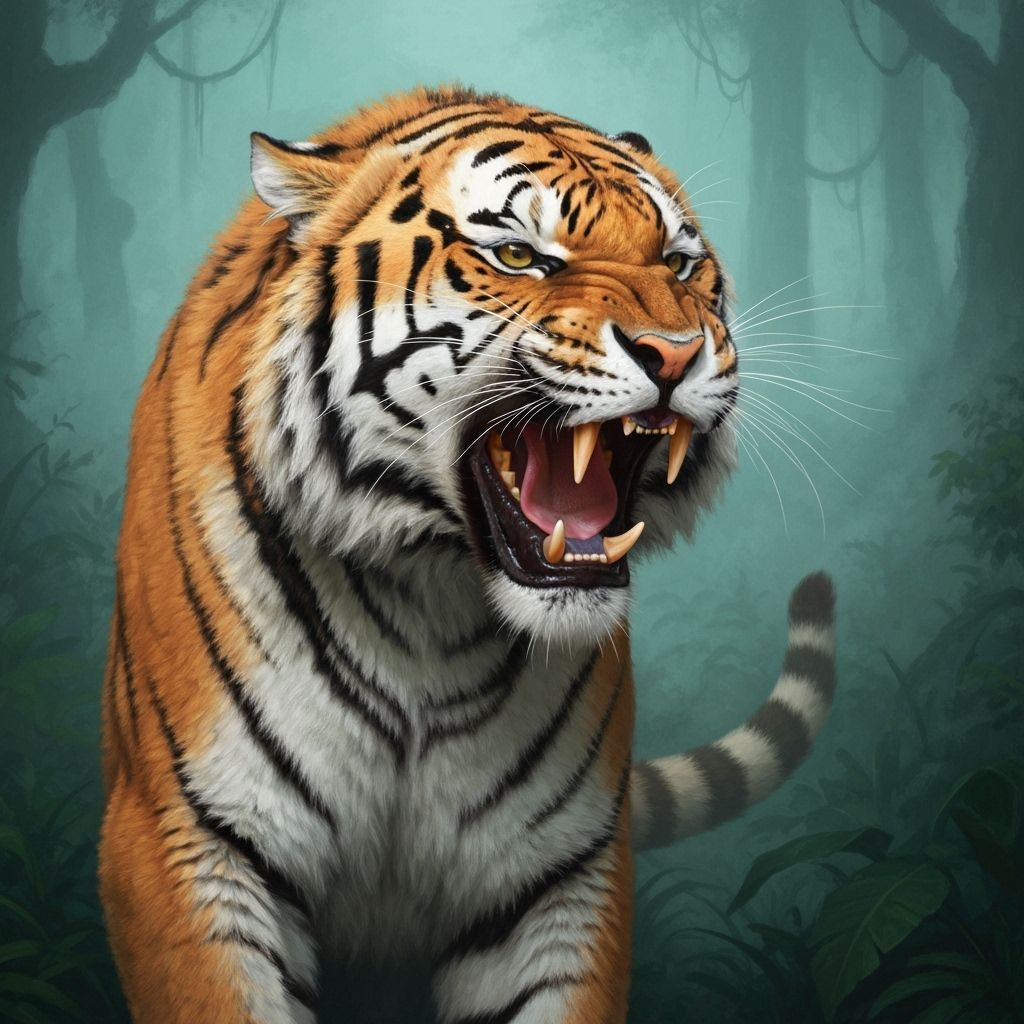 Roaring Tiger in Misty Jungle, Digital Art
