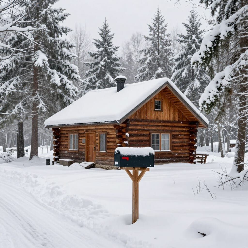 Detailed Log Cabin in Snowy Woods, Photorealistic Winter Sce...