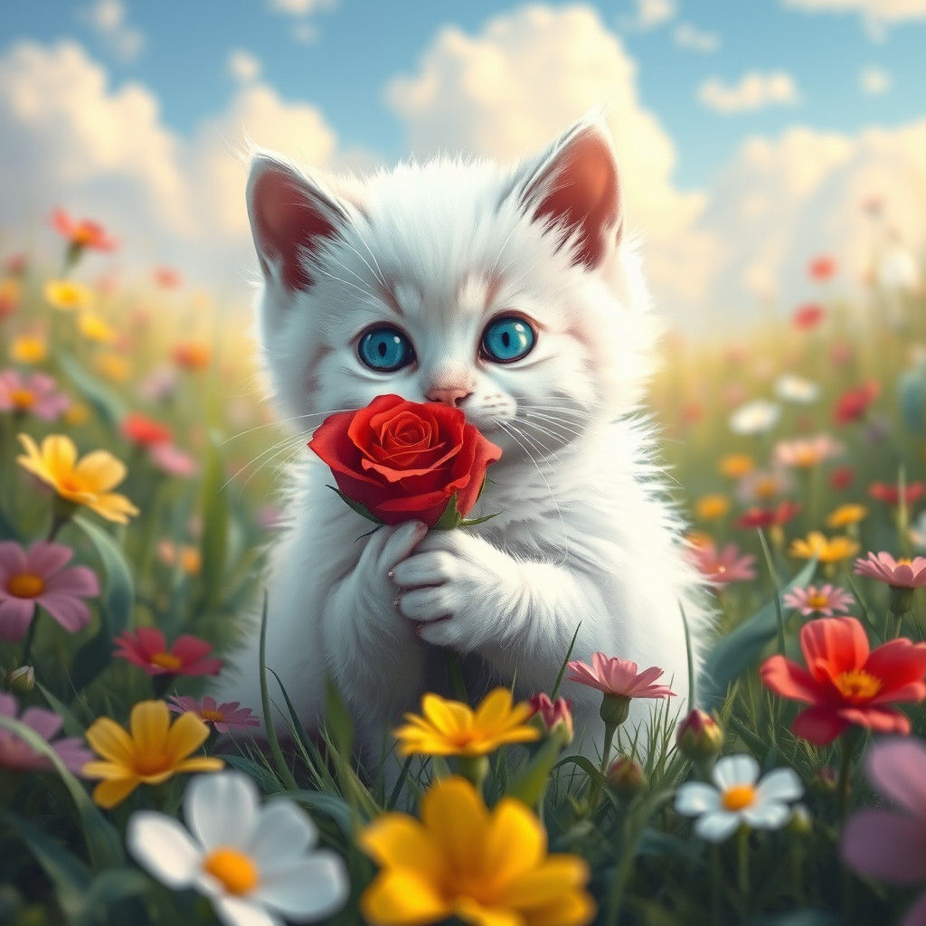 Kitten with Rose in Meadow: Fantasy Concept Art