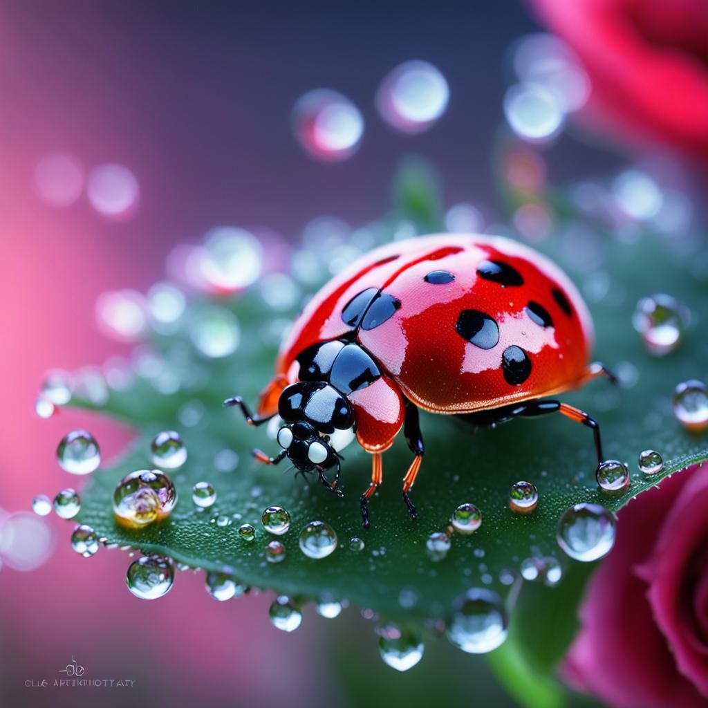 Bioluminescent Ladybug on Rose, Macro Photography