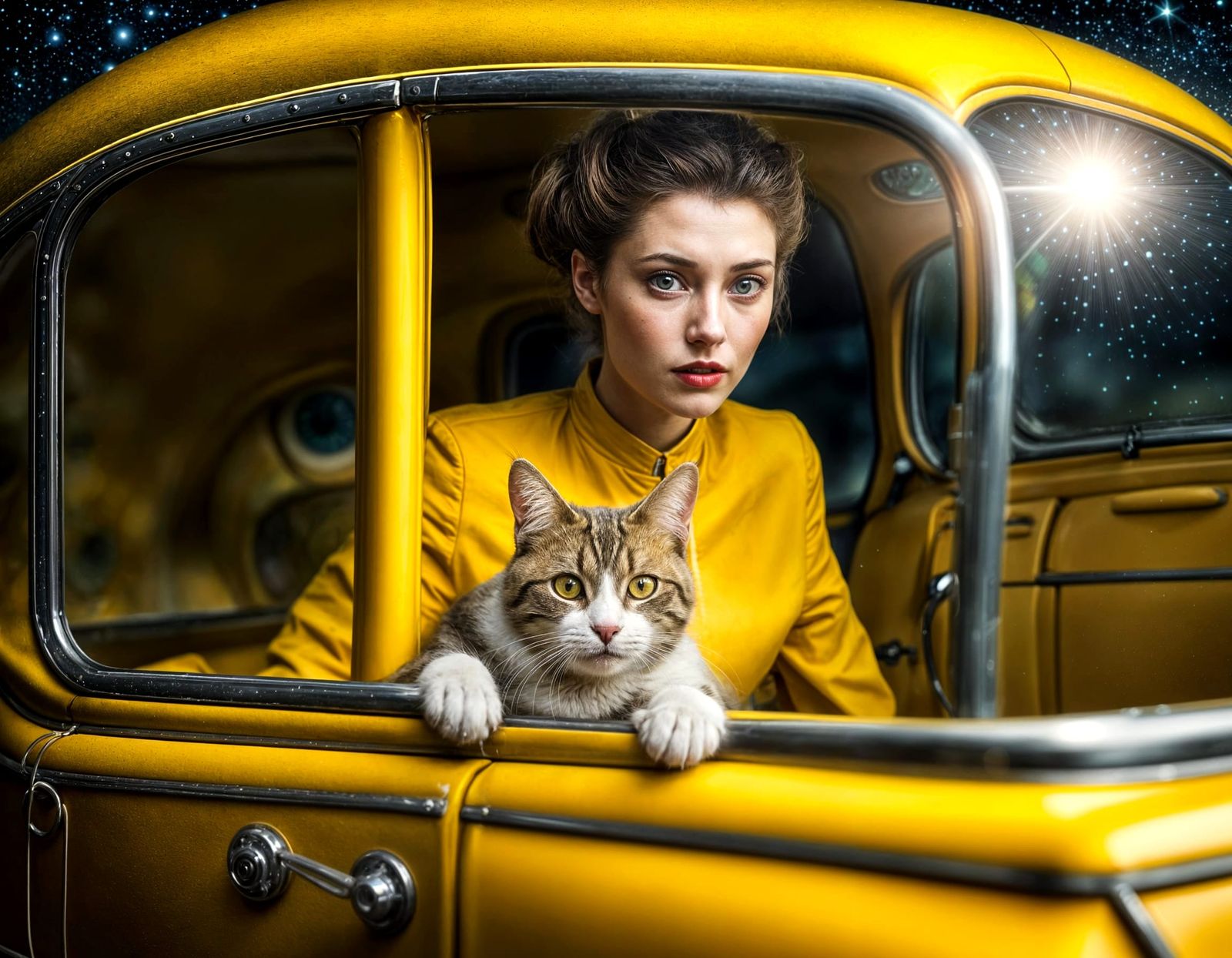 Woman and Cat in Yellow Car: Magical Realism