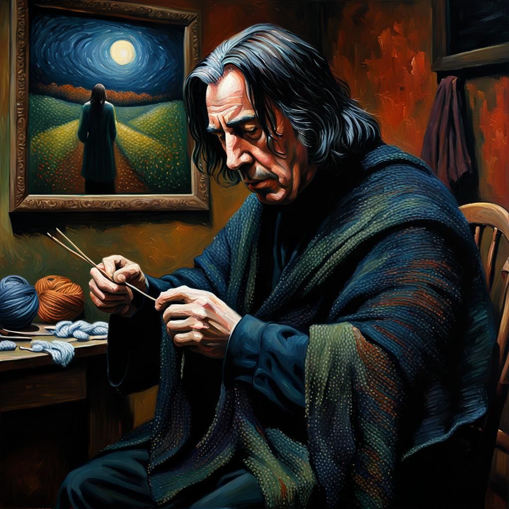 Neo-Impressionist Painting of Man Knitting