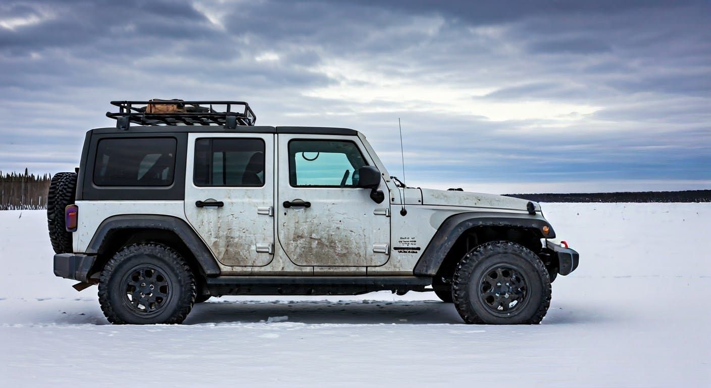 Snow-covered Jeep Wrangler in Bleak Winter Landscape