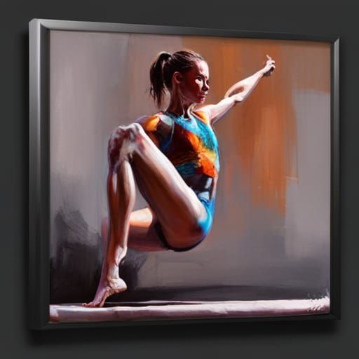 Gymnast on Beam: Digital Oil Painting in Vibrant Colors