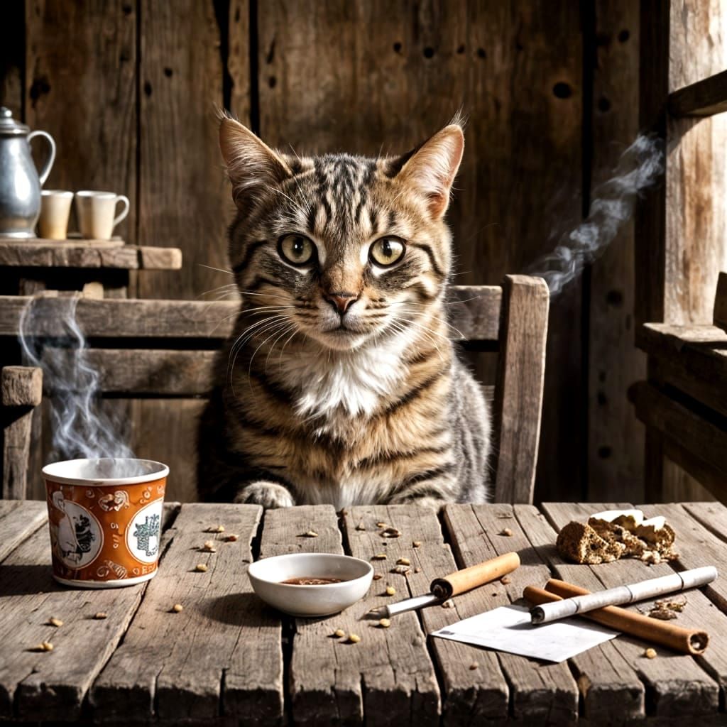 Cat's Coffee Break: Grunge Oil Painting