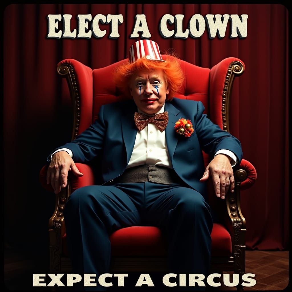 Donald Trump as a Clown King in a Vibrant, 35mm-Inspired Sce...