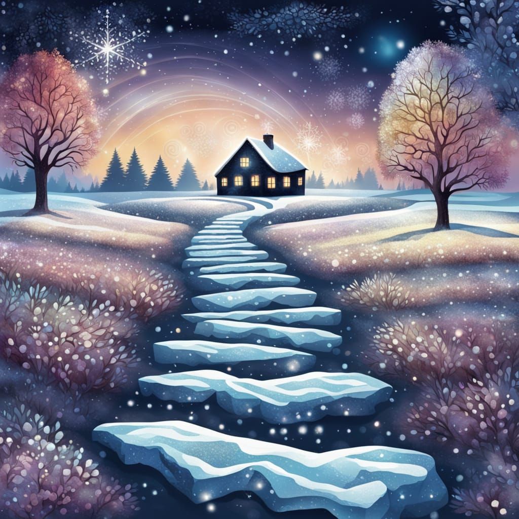 Mystical Winter Path to a Cozy Cabin