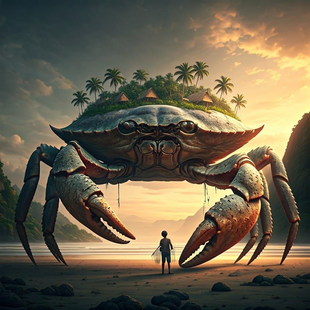 Colossal Crab with Rainforest Shell on Tropical Beach