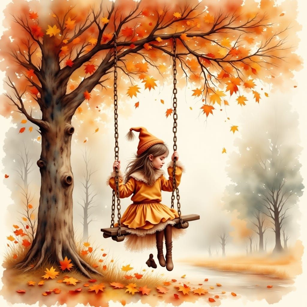 Whimsical Girl on Swing in Antique Watercolor Style