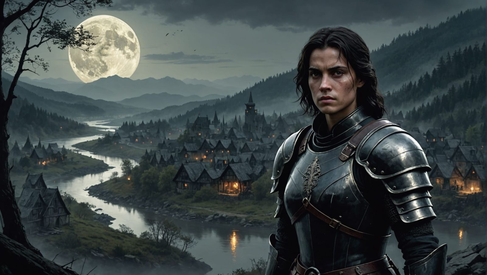 Armored Soldier Portrait with Fantasy Village Backdrop