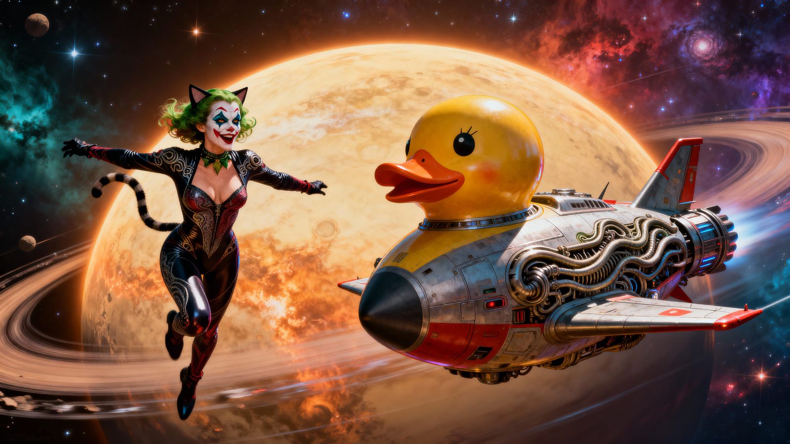Woman in Cat Suit Flies Joker Duck Rocket Near Sirius Star