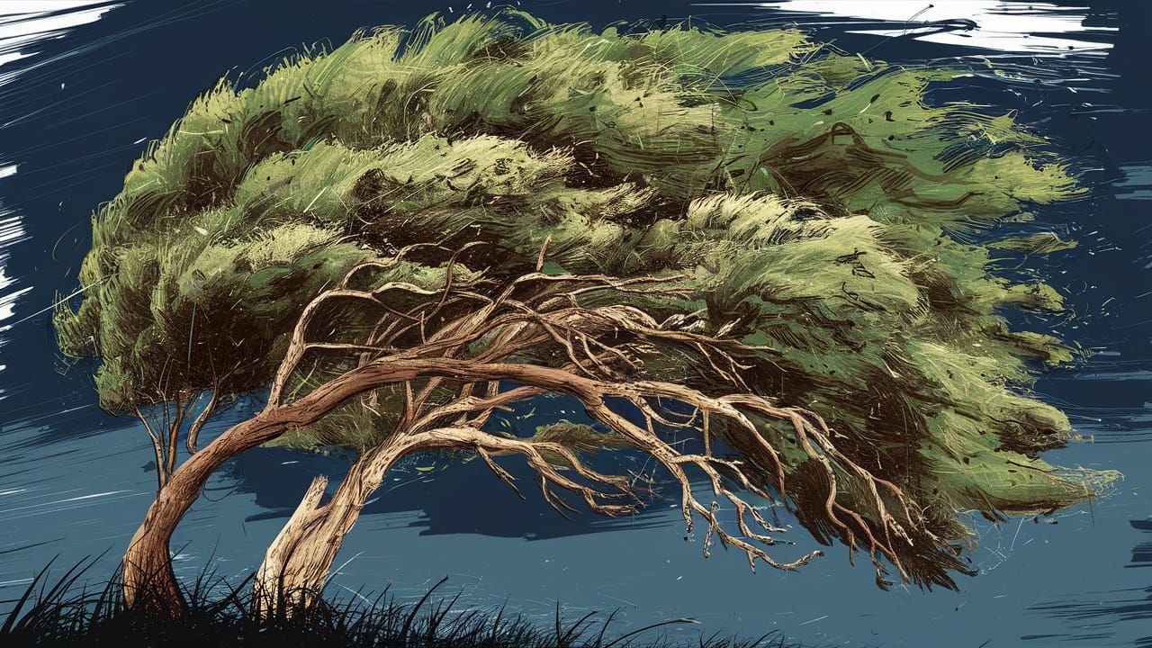 Tree Blown by Wind: Digital Ink Illustration