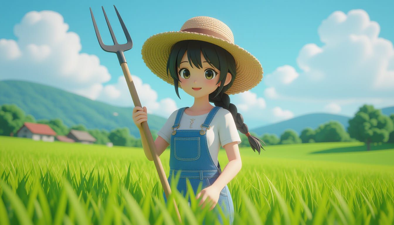 Anime Farm Girl in Lush Green Field