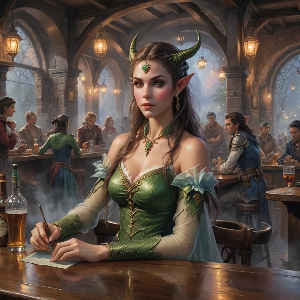 Fantasy Tavern Scene with Arakocra and Elven Maiden