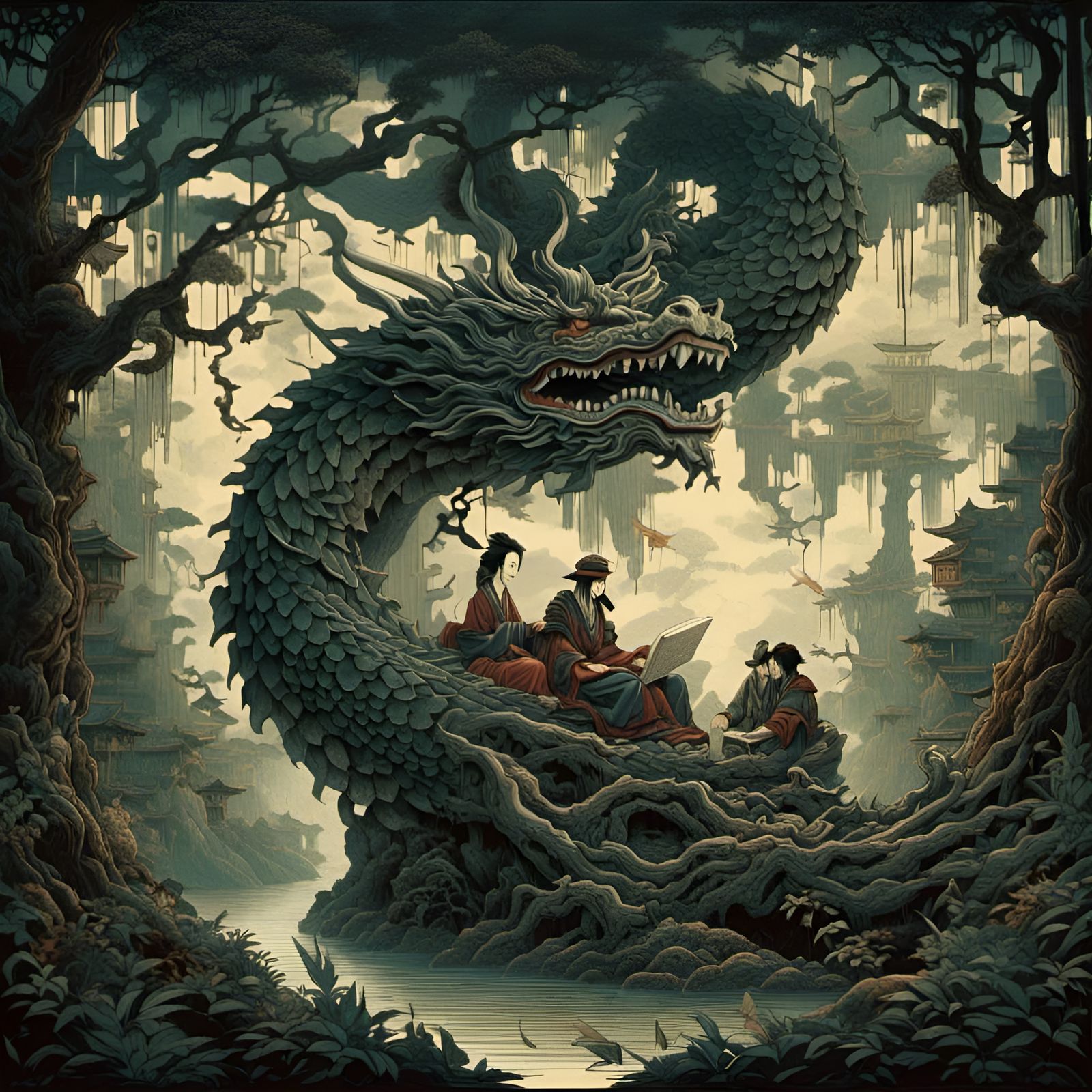 People Sleeping on a Dragon in Forest