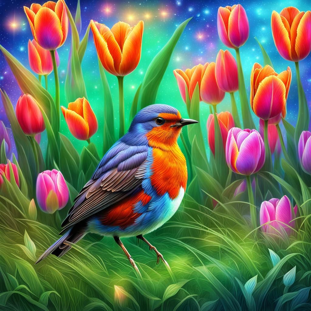 Robin on Spring Grass: Holographic Astral Illustration