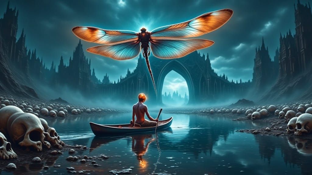 Ethereal Alien Navigates River of Skulls in Gothic, Dreamlik...