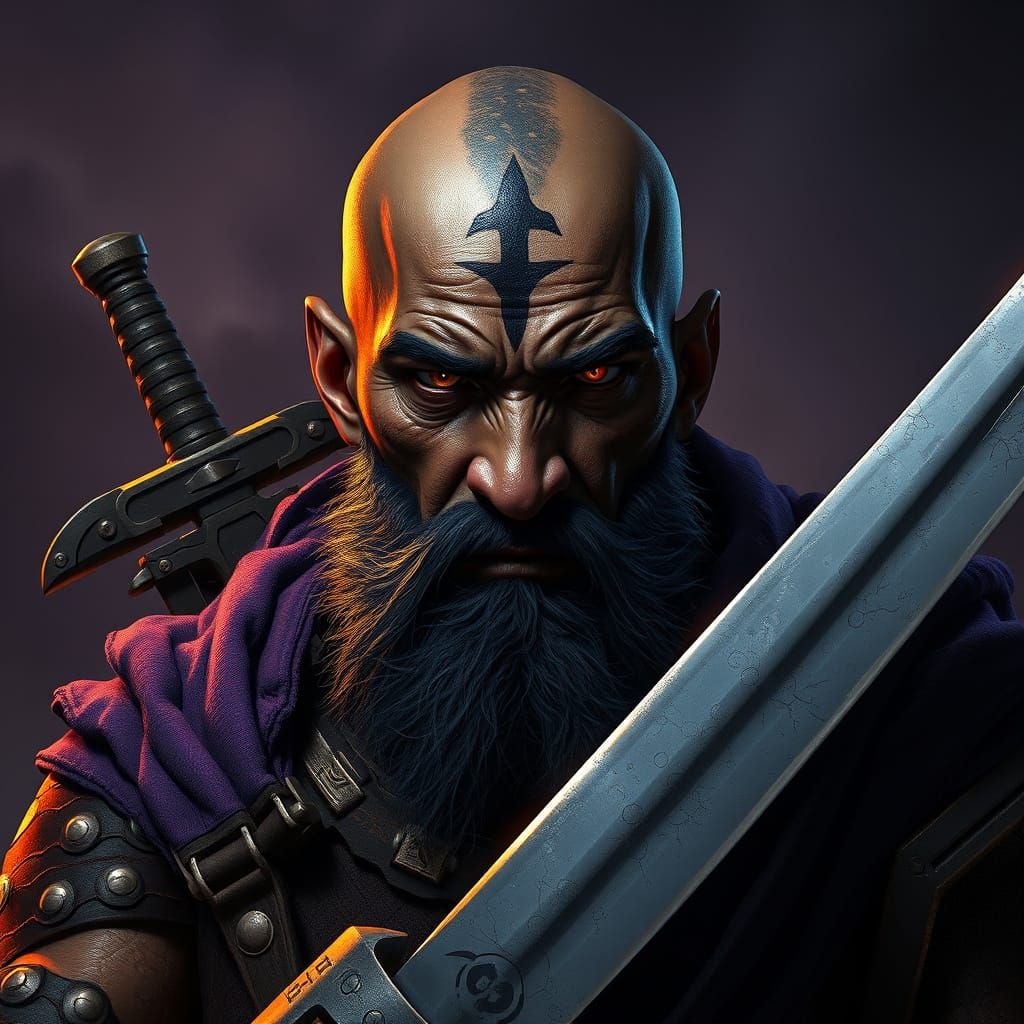 Elderly Warrior with Sword Tattoo, Dark Fantasy Concept Art