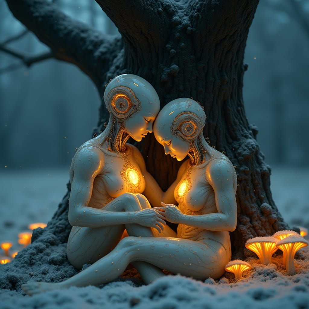 Figures Under Amber Glow: Dystopian Futurism