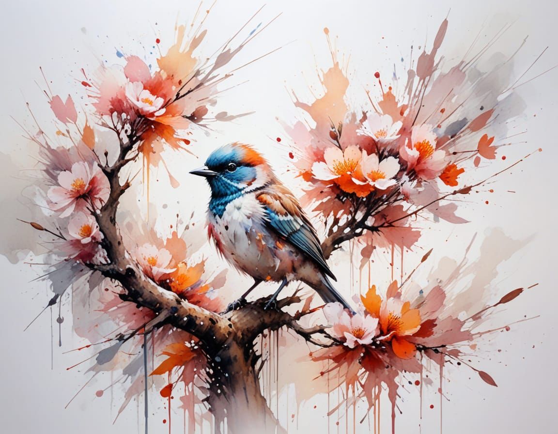 Blossom Tree Sunset Bird in Stylized Watercolour