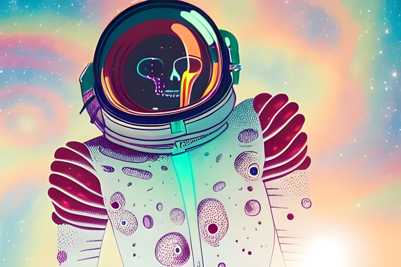 Psychedelic Cosmonaut Skeleton in Destroyed Spaceship