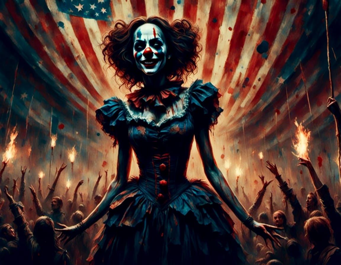 Sinister Clown in Circus Tent, Oil on Canvas