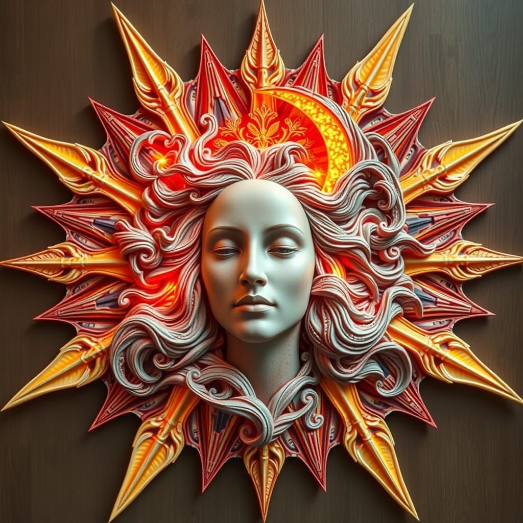 Celestial Woman in Surreal Sun and Moon Starscape