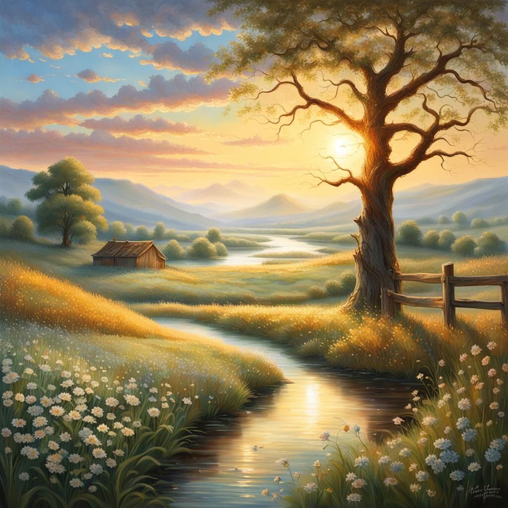 Dawn in a Serene Countryside, Realism Art