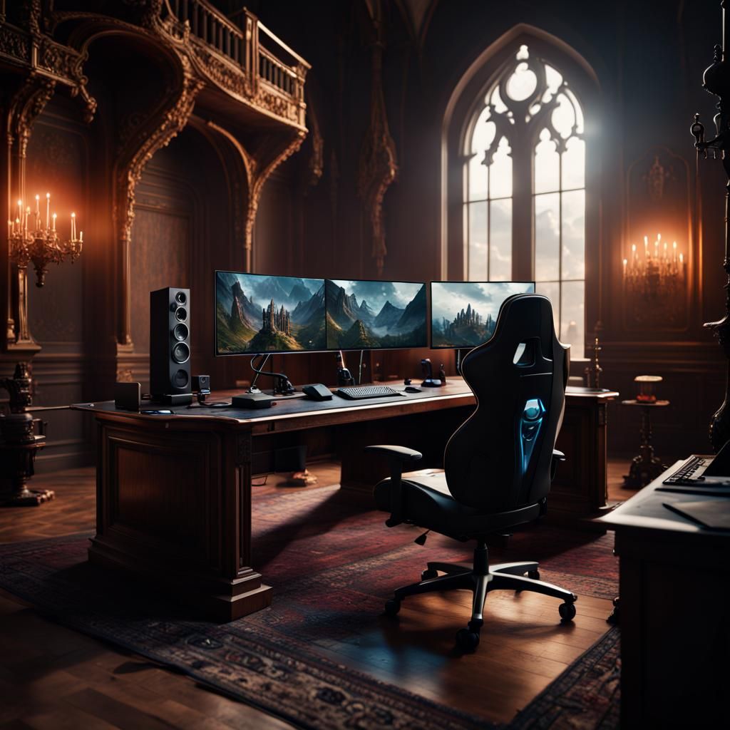 Streamer Set Up Desk Microphone Boom Arm Gaming Chair Closest To Camera , Streaming Room, In A Castle