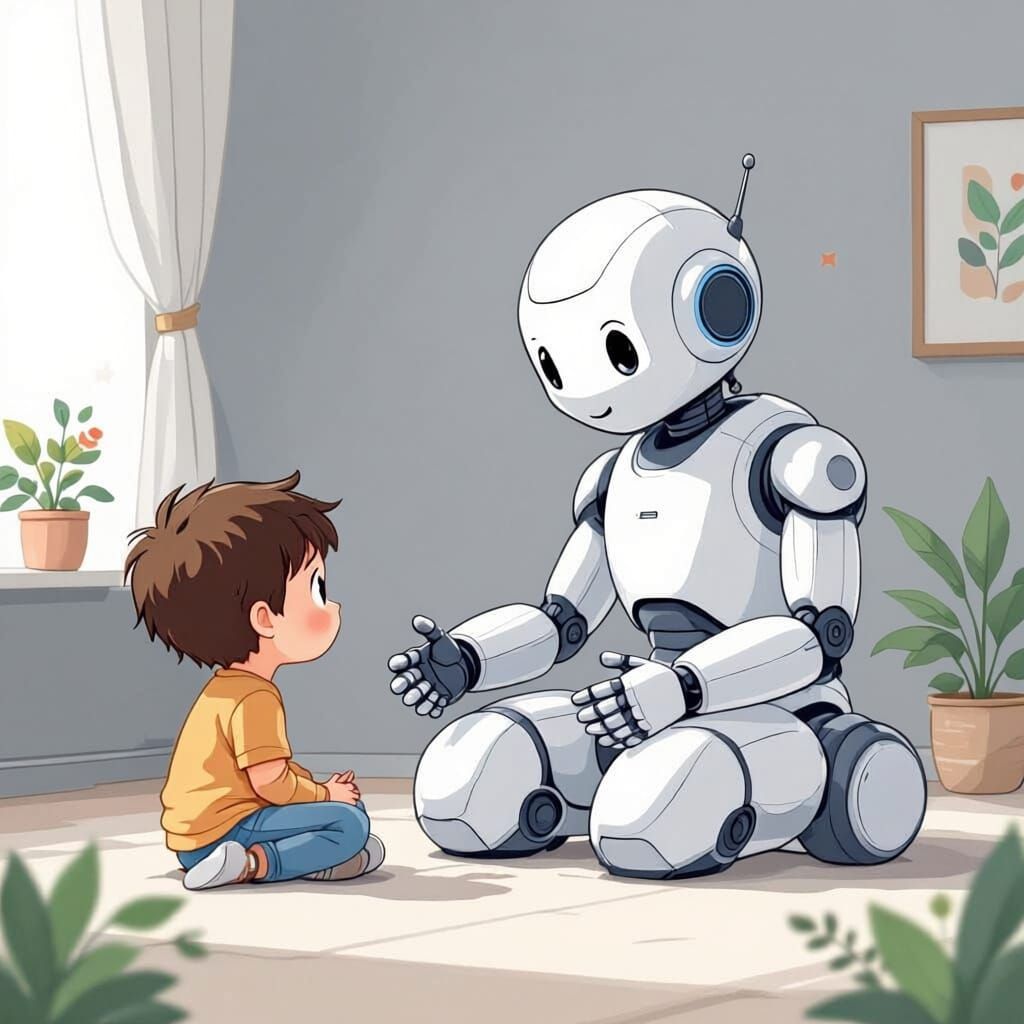 Minimalist Robot Teaches Child in Pastel Colors
