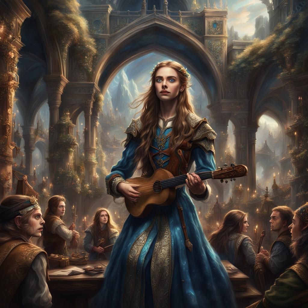 Blue eyed female bard, elf with long wavy brown hair perform...