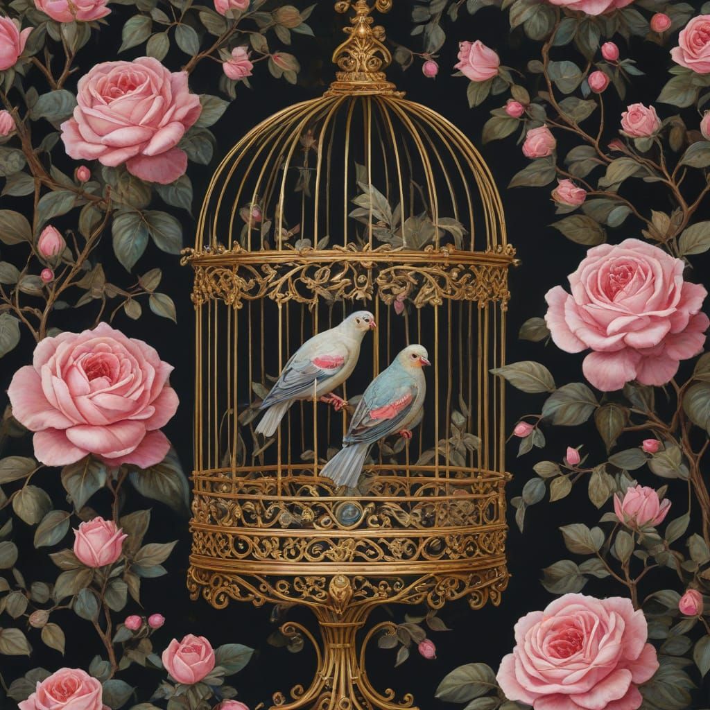 Golden Cage with Pink Doves in a Vibrant Garden