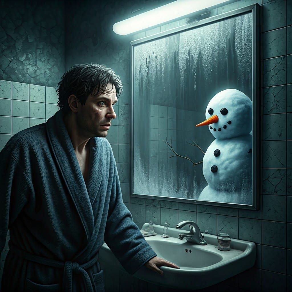 A man perplexed and haunted by sightings of snowmen wherever he goes. As he looks into his bathroom mirror, there is one...
