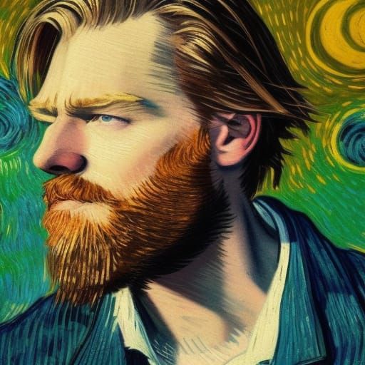 Bearded Man Under Stars in Post-Impressionist Style