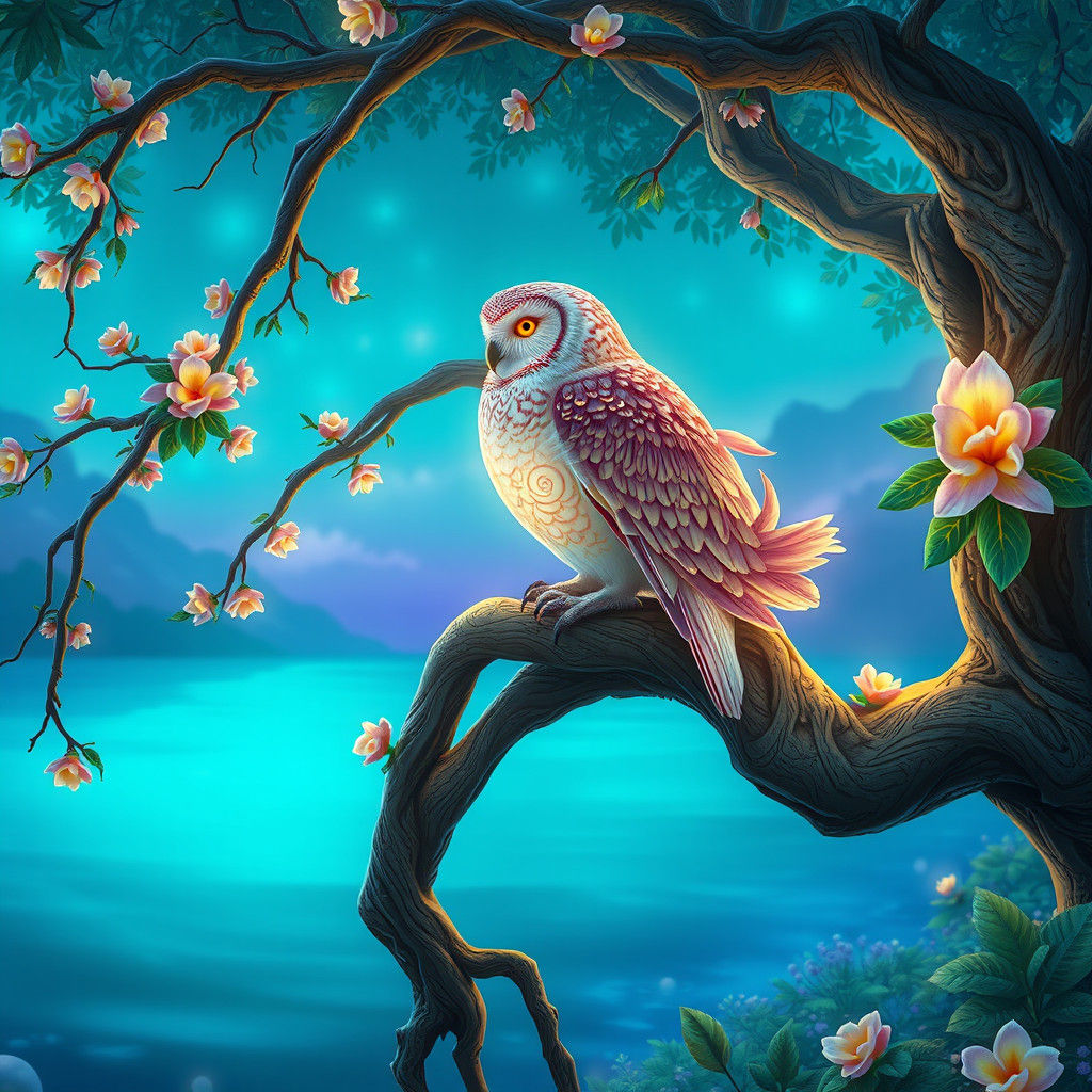 Luminescent Owl Overlooking Lake, Fantasy Concept Art