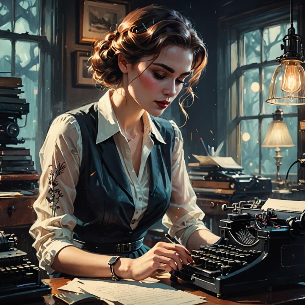 1950s Secretary at Typewriter: Dreamy Vintage Art