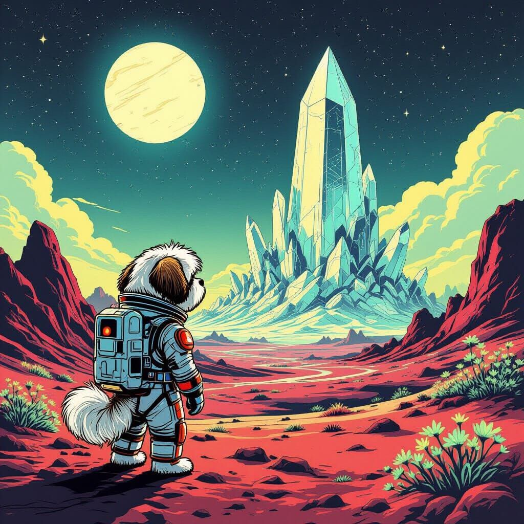 Shih Tzu Astronaut on Alien World with Crystal Structure
