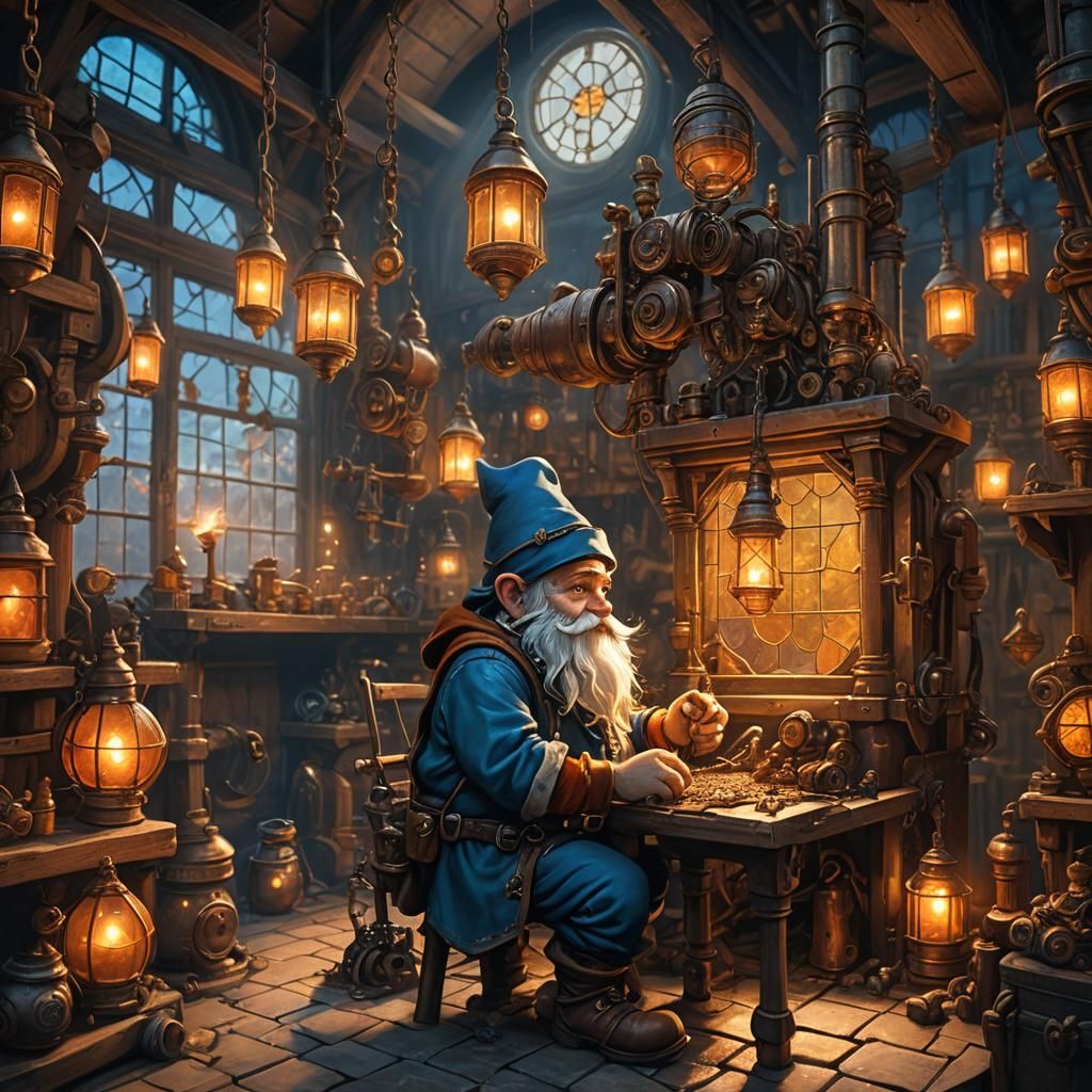 Gnome Tinkering in Workshop: Fantasy Concept Art