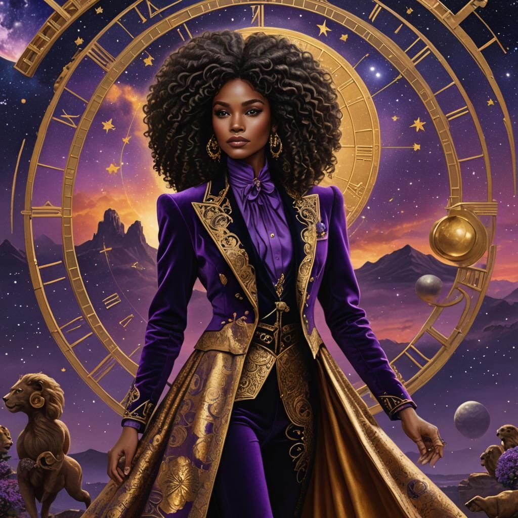 Zodiac Leo Lady in Cosmic Setting, Matte Painting Style