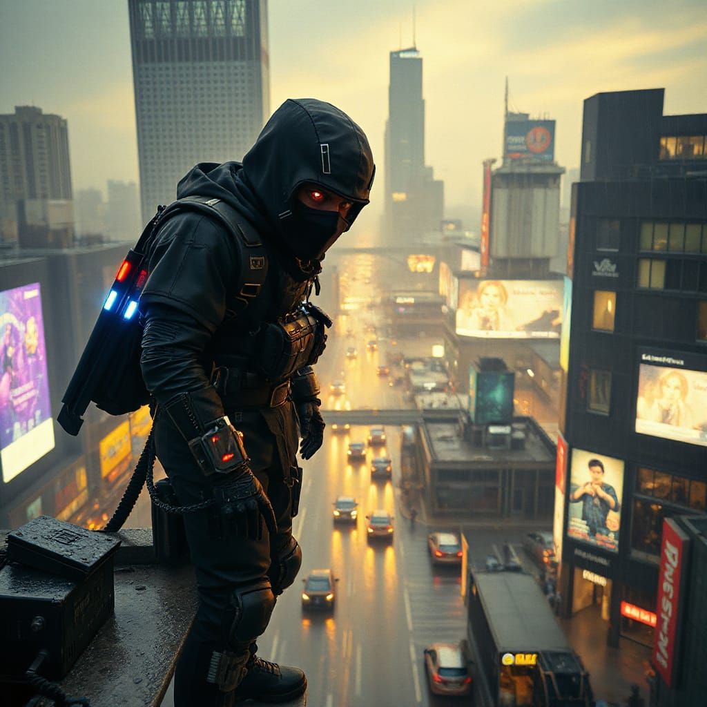 Cyberpunk Ninja in Neon-Lit Cityscape