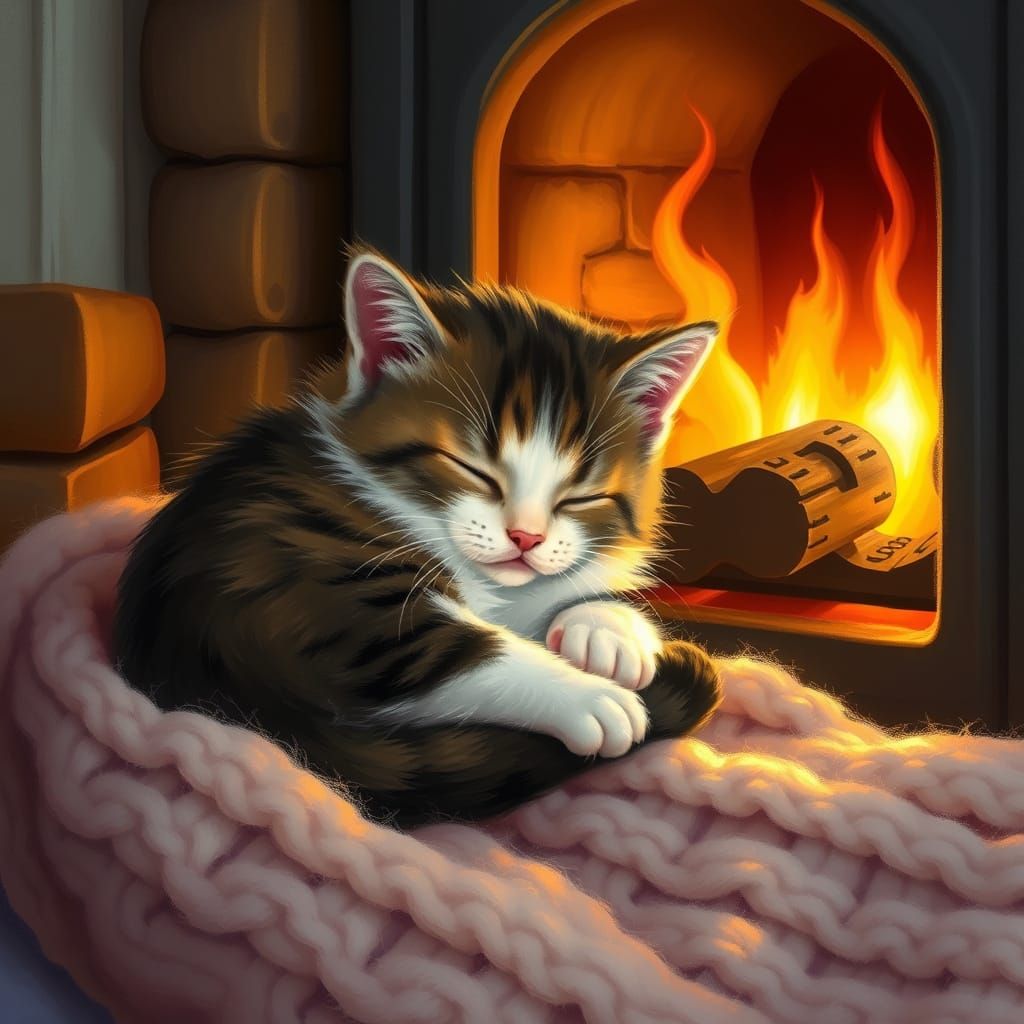 Fluffy Calico Kitten Sleeps by Fireplace in Painterly Style
