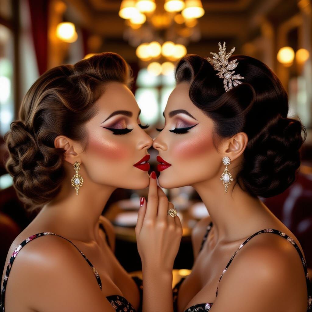 Elegant Burlesque Dancers Kissing in Luxury Restaurant