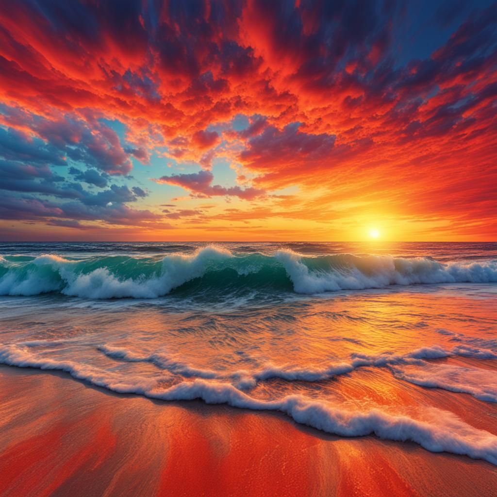 Beach Sunset with Blue Waves in Mosaic Style