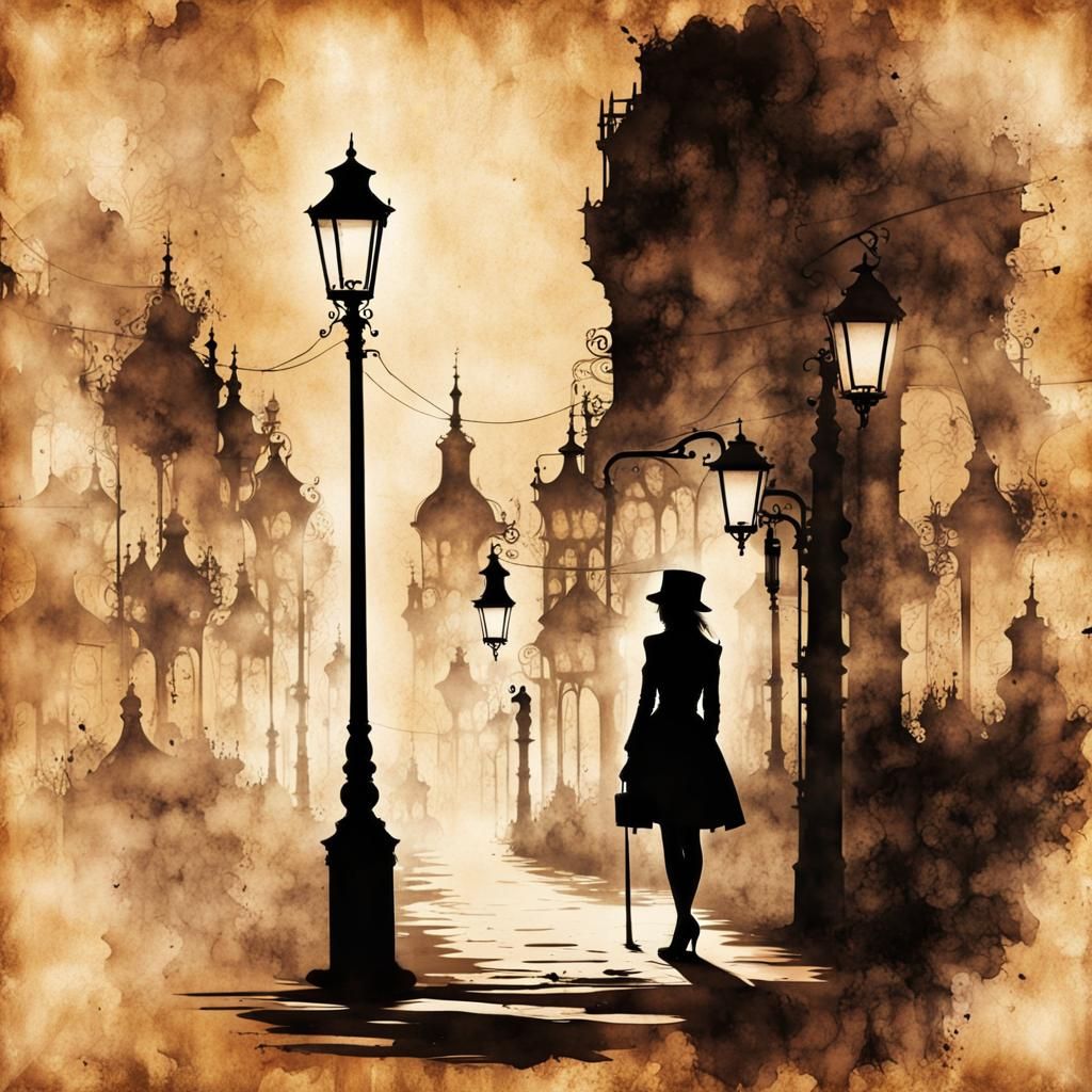 Steampunk Magician: Ink Silhouette in Vintage Street