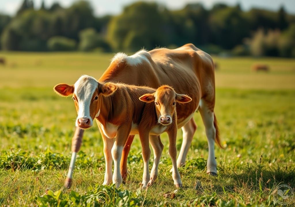 Cow and Calf Grazing in a Field