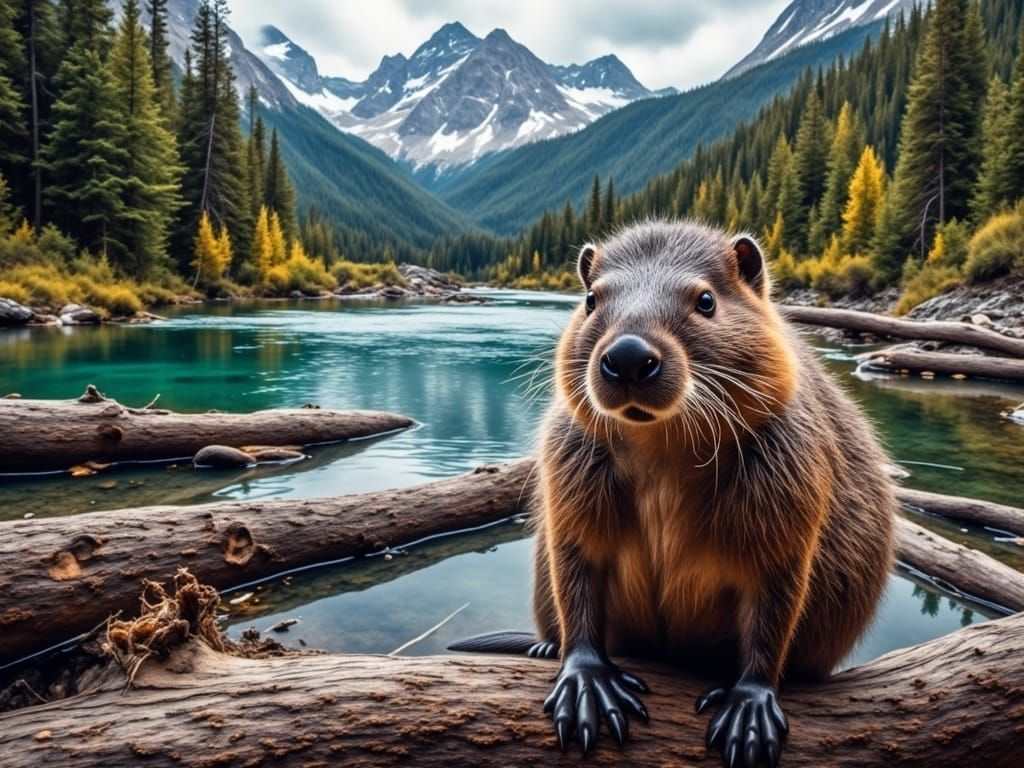 Hyperrealistic Beaver in Canadian Landscape as Oil Painting