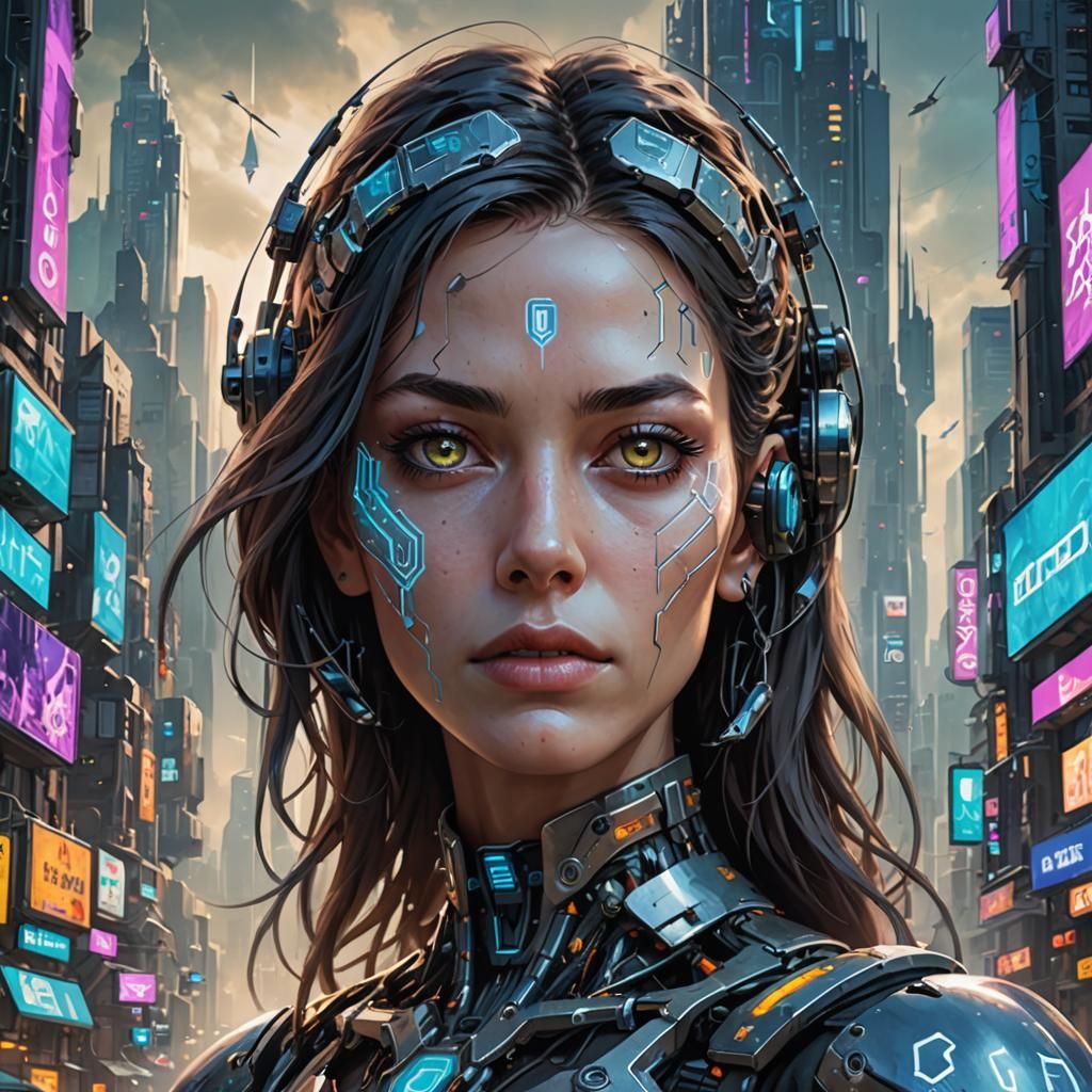 Cyborg Woman Portrait in Dystopian Cityscape