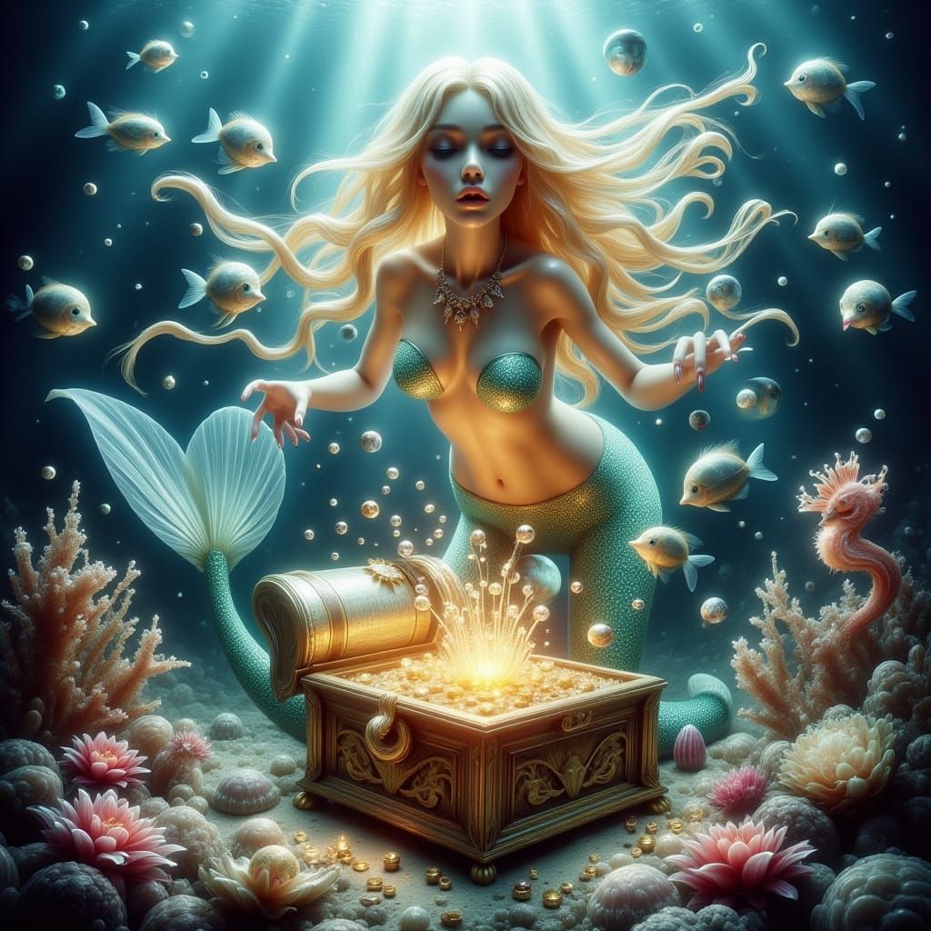 Mermaid Discovers Glittering Treasure in Dreamy Underwater S...