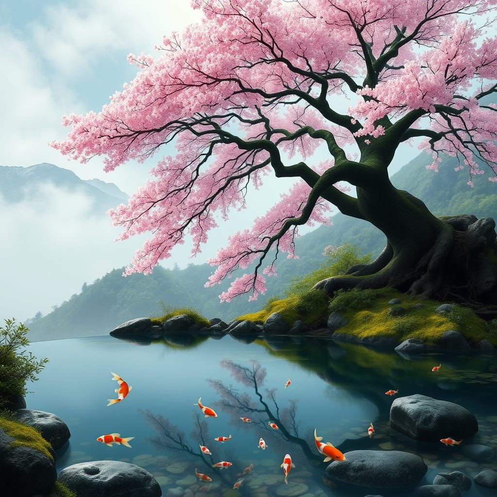 Majestic Cherry Blossom Tree in Serene Mountain Landscape